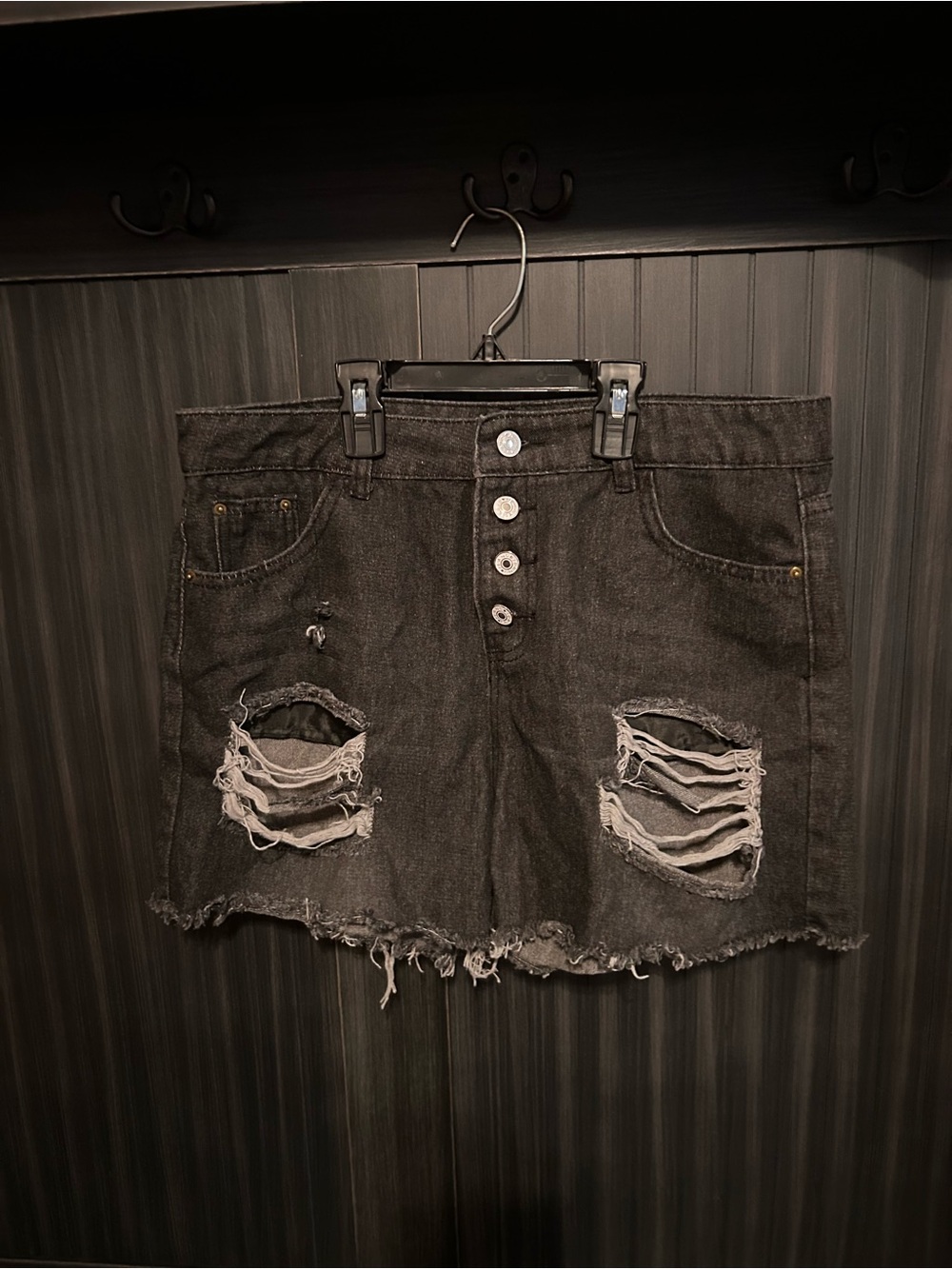 High-Waist Distressed Button-Fly Denim Shorts - Black